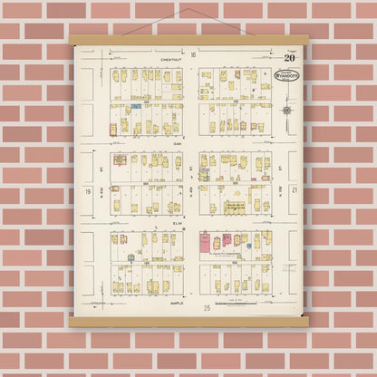 Old map wall art mockup — magnetic wood frame on brick wall — Sanborn Fire Insurance Map from Wyandotte, Wayne County, Michigan (1922), Sheet #0020