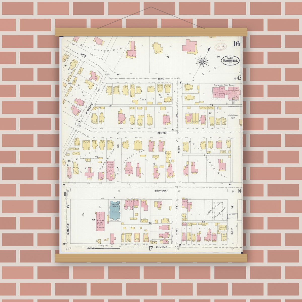 Old map wall art mockup — magnetic wood frame on brick wall — Sanborn Fire Insurance Map from Hannibal, Marion County, Missouri (1899), Sheet #0016