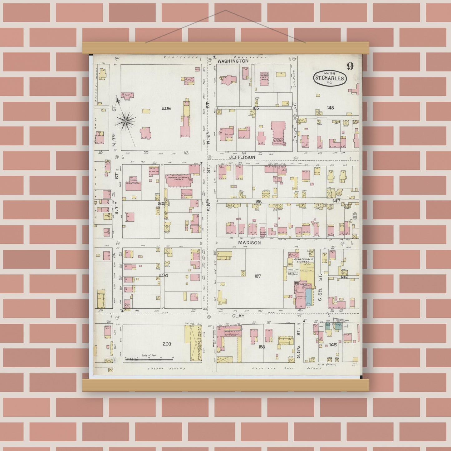 Old map wall art mockup — magnetic wood frame on brick wall — Sanborn Fire Insurance Map from Saint Charles, Saint Charles County, Missouri (1893), Sheet #0009