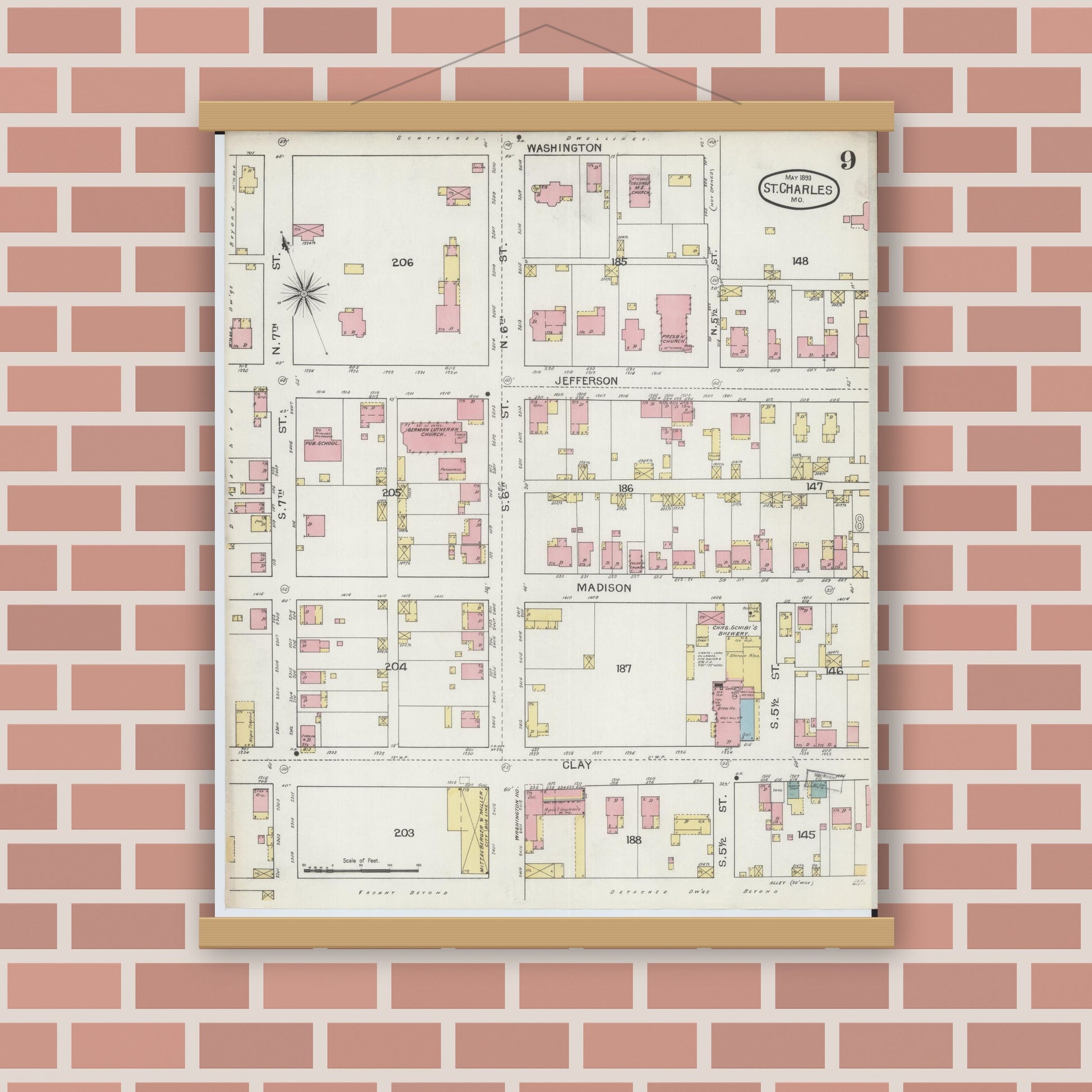 Old map wall art mockup — magnetic wood frame on brick wall — Sanborn Fire Insurance Map from Saint Charles, Saint Charles County, Missouri (1893), Sheet #0009