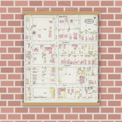 Old map wall art mockup — magnetic wood frame on brick wall — Sanborn Fire Insurance Map from Saint Charles, Saint Charles County, Missouri (1893), Sheet #0009