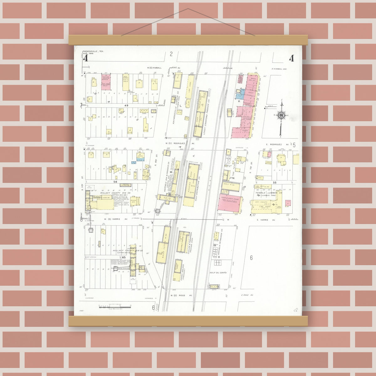 Old map wall art mockup — magnetic wood frame on brick wall — Sanborn Fire Insurance Map from Raymondville, Willacy County, Texas (1948), Sheet #0004