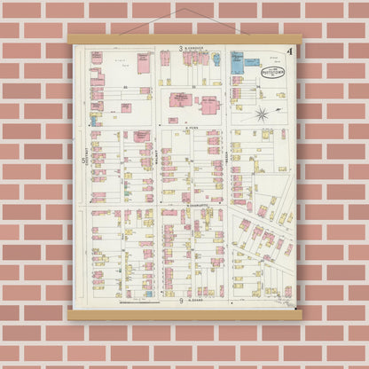 Old map wall art mockup — magnetic wood frame on brick wall — Sanborn Fire Insurance Map from Pottstown, Montgomery County, Pennsylvania (1896), Sheet #0004