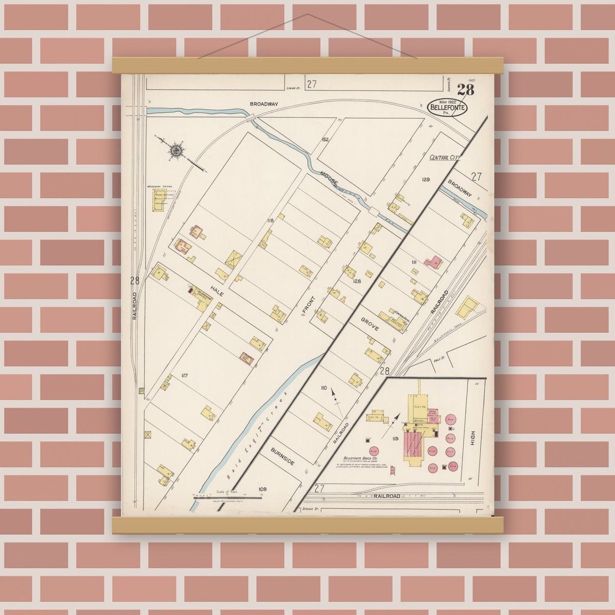 Old map wall art mockup — magnetic wood frame on brick wall — Sanborn Fire Insurance Map from Bellefonte, Centre County, Pennsylvania (1922), Sheet #0028