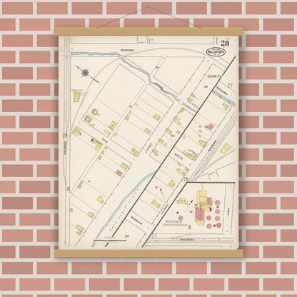 Old map wall art mockup — magnetic wood frame on brick wall — Sanborn Fire Insurance Map from Bellefonte, Centre County, Pennsylvania (1922), Sheet #0028