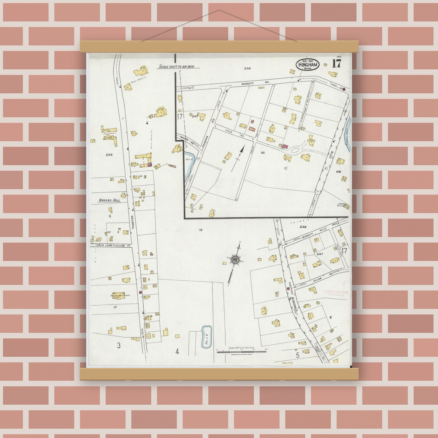 Old map wall art mockup — magnetic wood frame on brick wall — Sanborn Fire Insurance Map from Hingham, Plymouth County, Massachusetts (1921), Sheet #0017