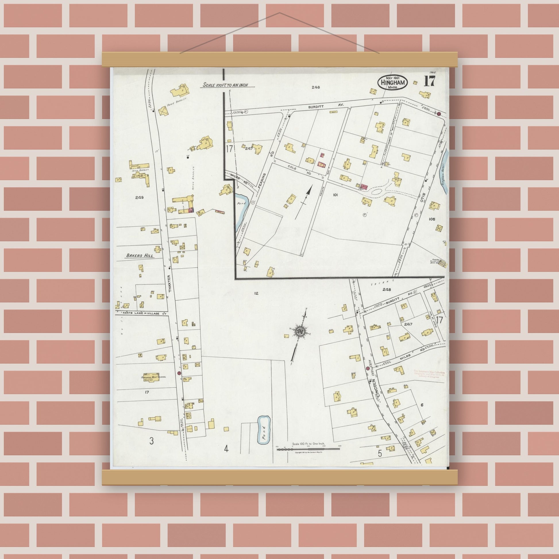 Old map wall art mockup — magnetic wood frame on brick wall — Sanborn Fire Insurance Map from Hingham, Plymouth County, Massachusetts (1921), Sheet #0017