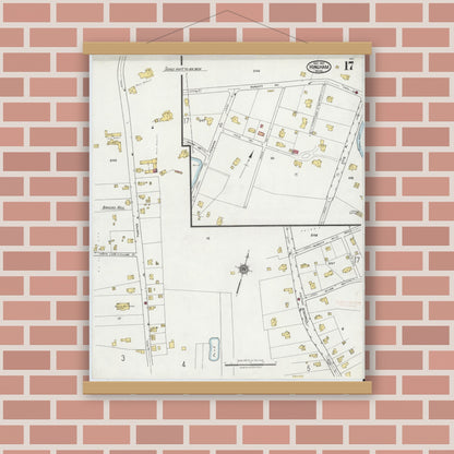 Old map wall art mockup — magnetic wood frame on brick wall — Sanborn Fire Insurance Map from Hingham, Plymouth County, Massachusetts (1921), Sheet #0017
