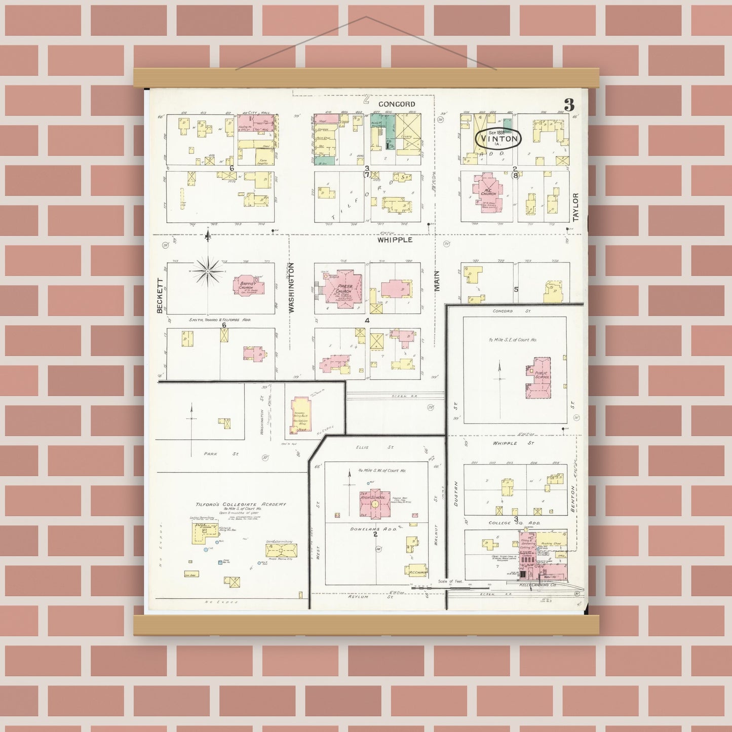 Old map wall art mockup — magnetic wood frame on brick wall — Sanborn Fire Insurance Map from Vinton, Benton County, Iowa (1892), Sheet #0003