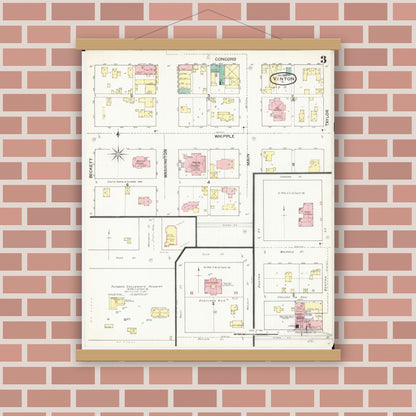 Old map wall art mockup — magnetic wood frame on brick wall — Sanborn Fire Insurance Map from Vinton, Benton County, Iowa (1892), Sheet #0003
