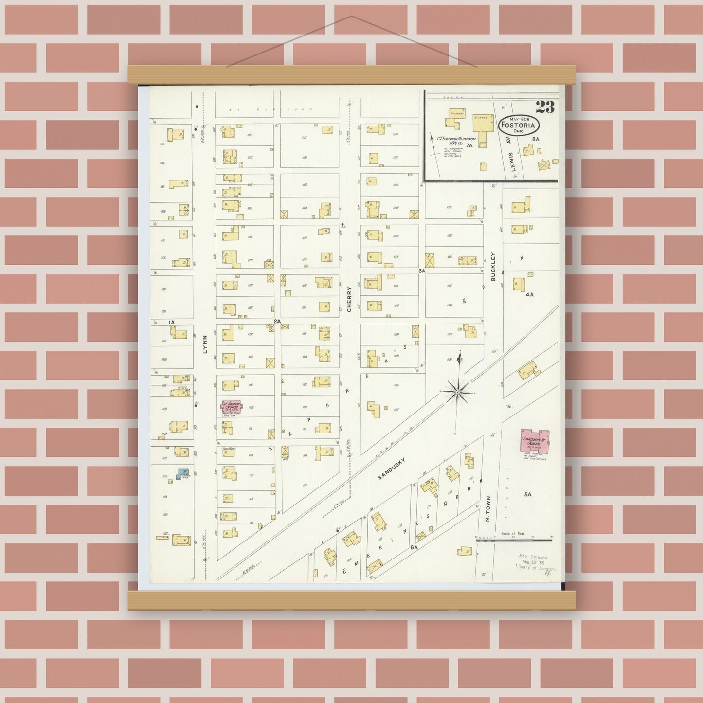 Old map wall art mockup — magnetic wood frame on brick wall — Sanborn Fire Insurance Map from Fostoria, Seneca, Hancock, And Wood Counties, Ohio (1908), Sheet #0023