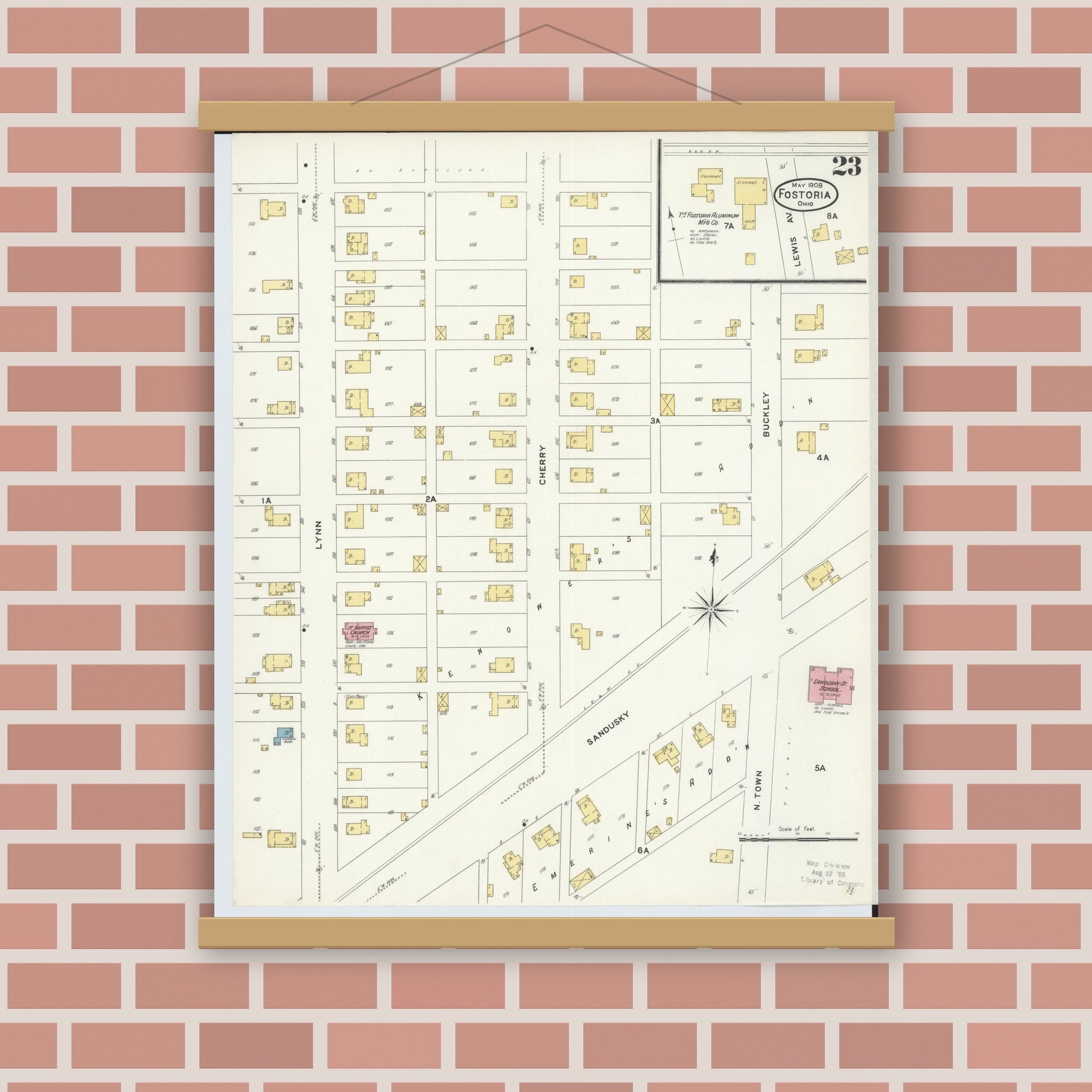 Old map wall art mockup — magnetic wood frame on brick wall — Sanborn Fire Insurance Map from Fostoria, Seneca, Hancock, And Wood Counties, Ohio (1908), Sheet #0023