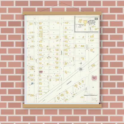 Old map wall art mockup — magnetic wood frame on brick wall — Sanborn Fire Insurance Map from Fostoria, Seneca, Hancock, And Wood Counties, Ohio (1908), Sheet #0023