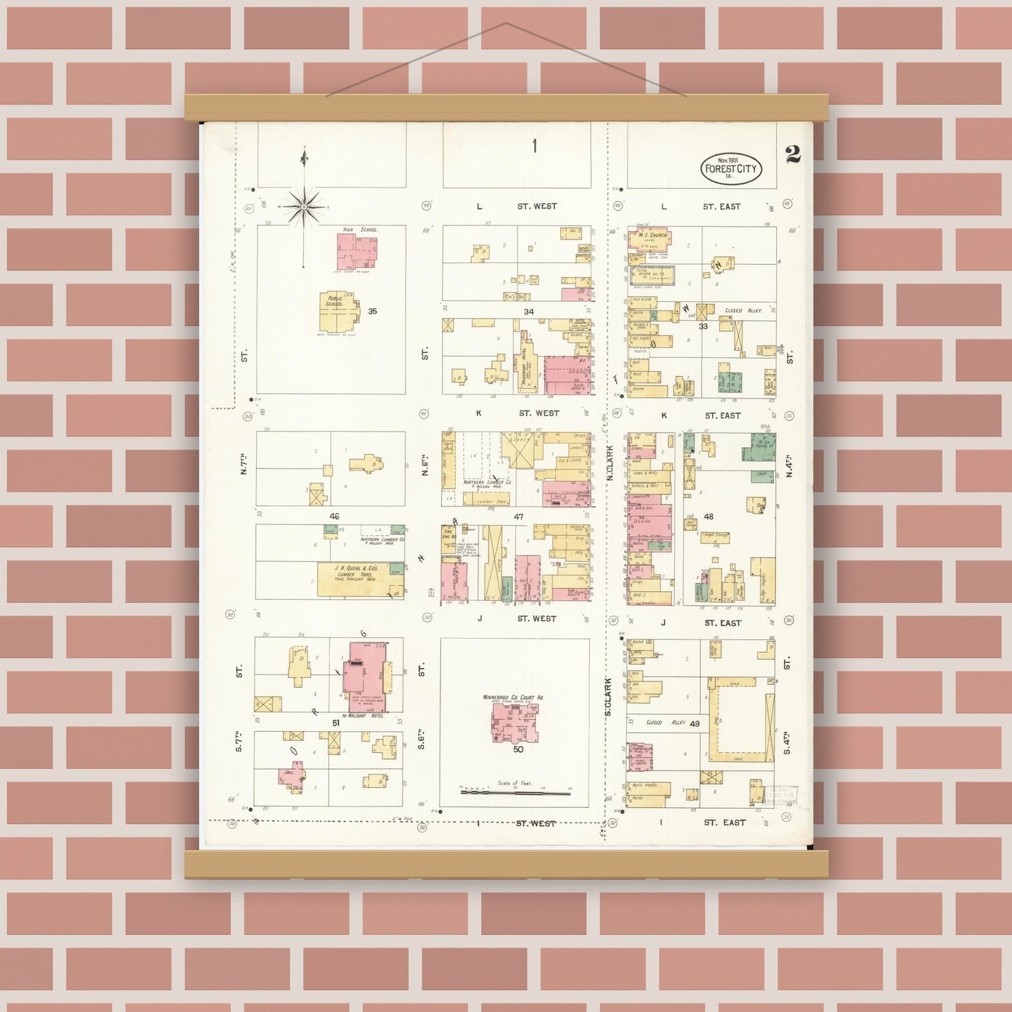 Old map wall art mockup — magnetic wood frame on brick wall — Sanborn Fire Insurance Map from Forest City, Winnebago County, Iowa (1901), Sheet #0002