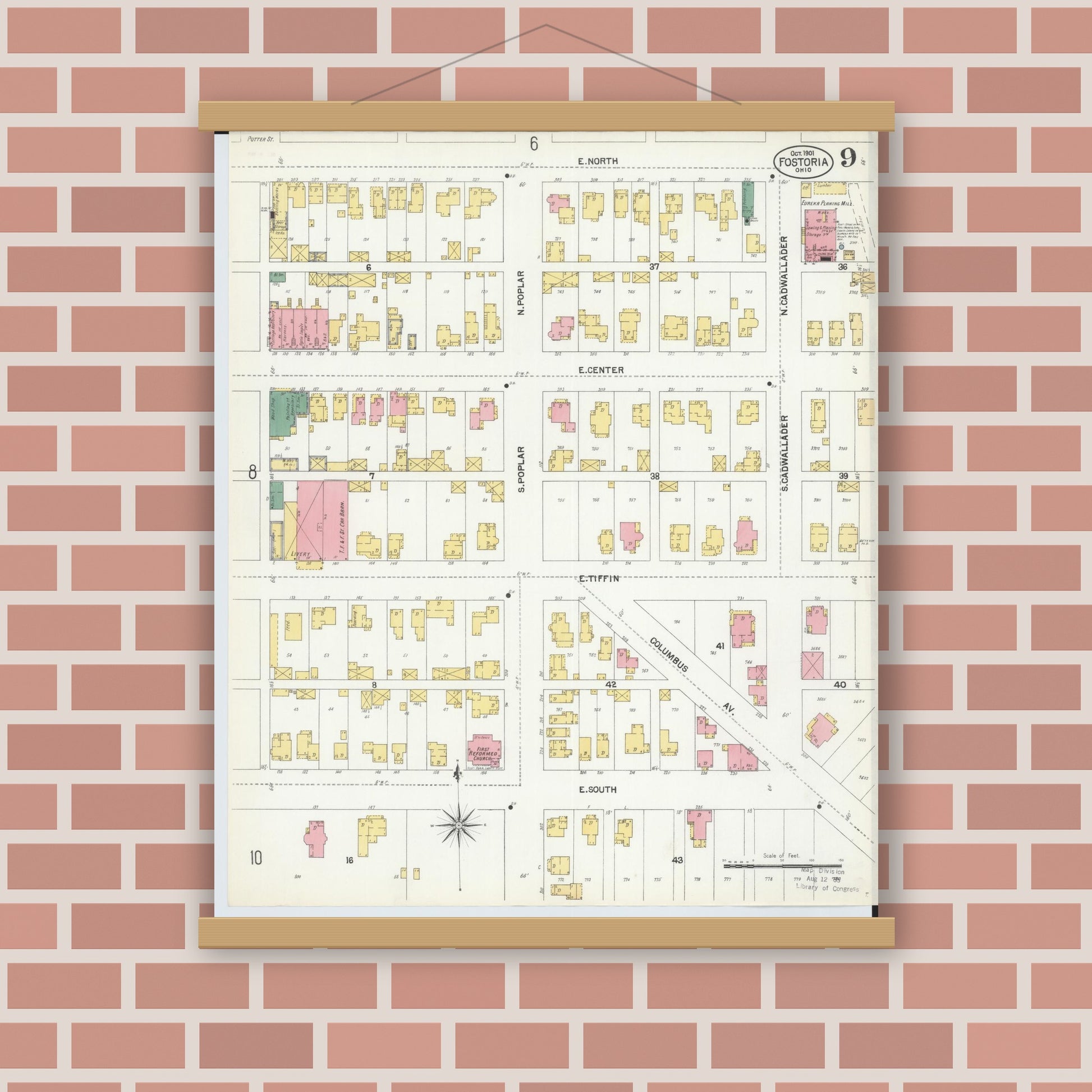 Old map wall art mockup — magnetic wood frame on brick wall — Sanborn Fire Insurance Map from Fostoria, Seneca, Hancock, And Wood Counties, Ohio (1901), Sheet #0009