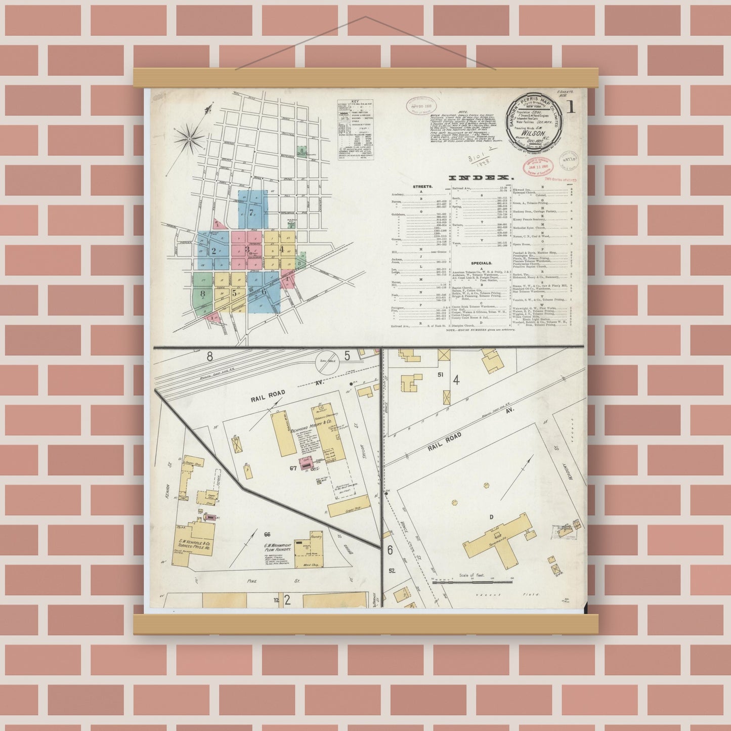 Old map wall art mockup — magnetic wood frame on brick wall — Sanborn Fire Insurance Map from Wilson, Wilson County, North Carolina (1897) - Complete Map Set