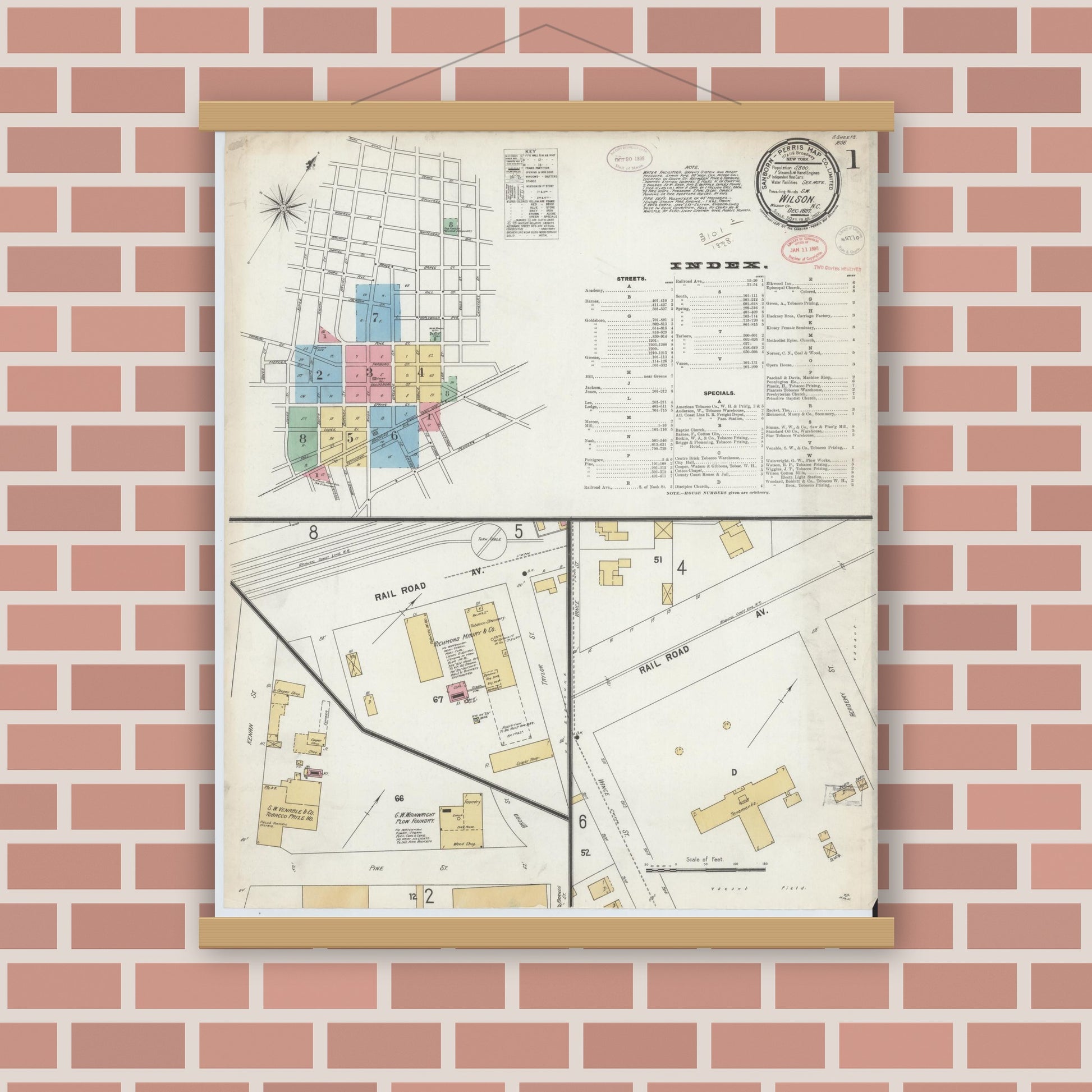 Old map wall art mockup — magnetic wood frame on brick wall — Sanborn Fire Insurance Map from Wilson, Wilson County, North Carolina (1897) - Complete Map Set