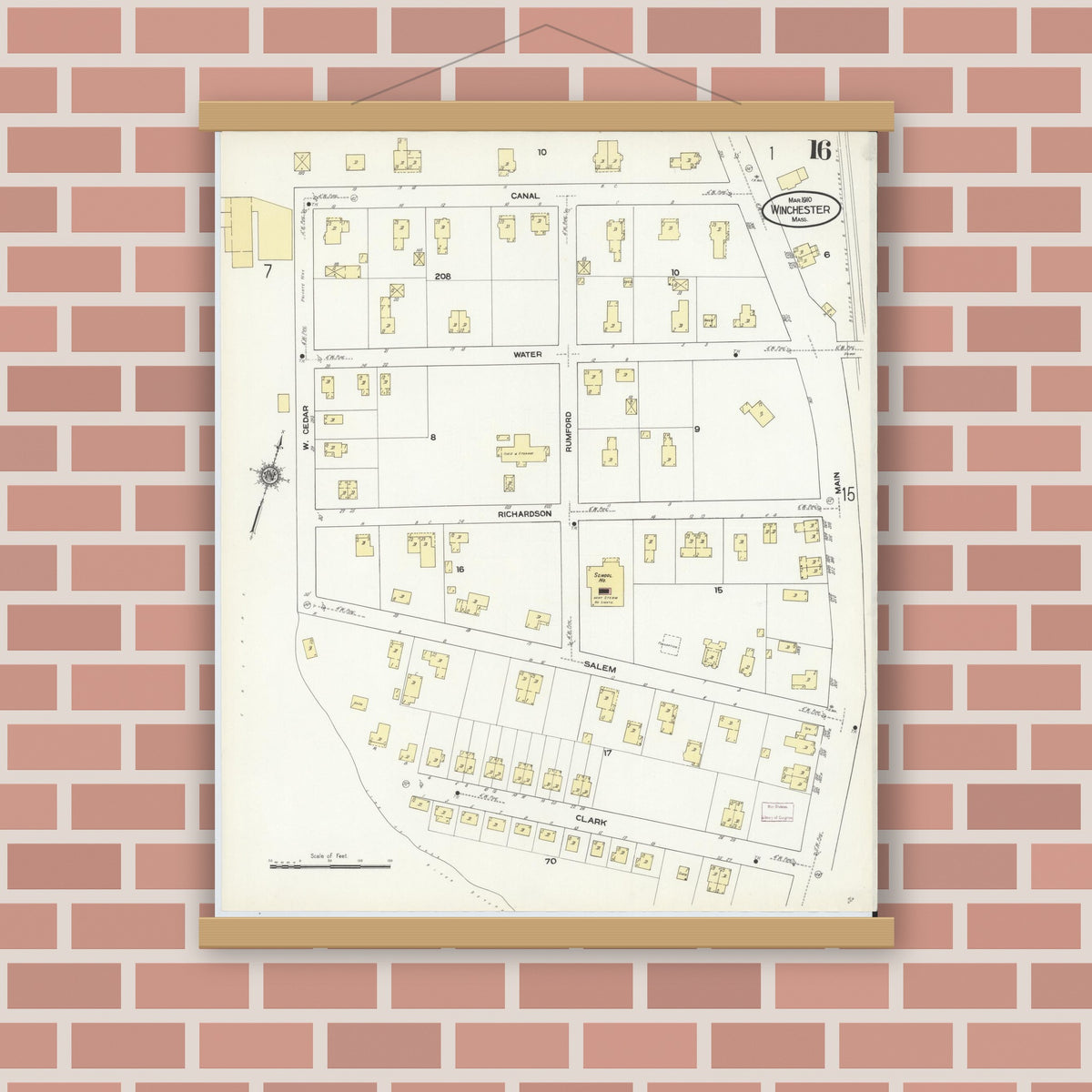 Old map wall art mockup — magnetic wood frame on brick wall — Sanborn Fire Insurance Map from Winchester, Middlesex County, Massachusetts (1910), Sheet #0016