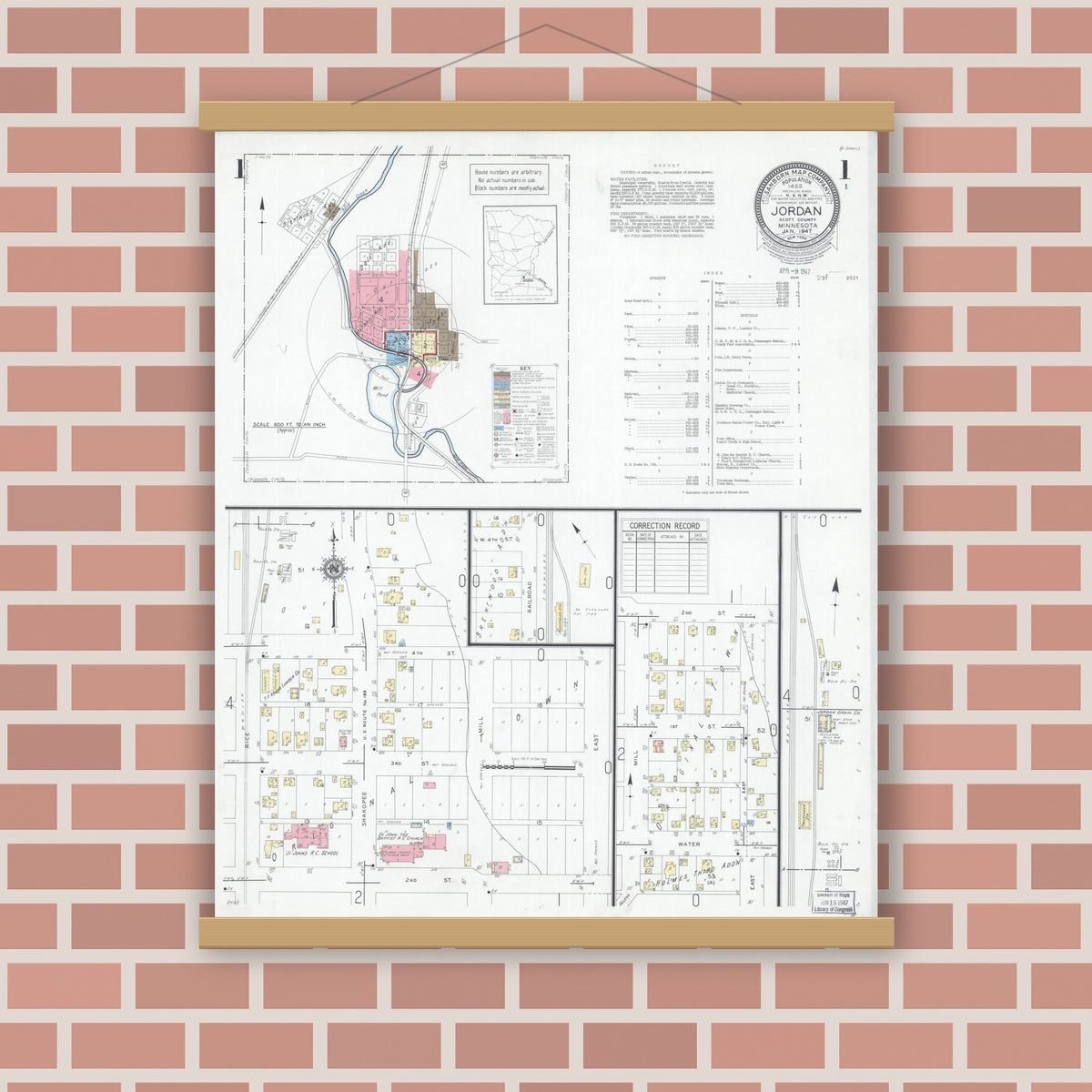 Old map wall art mockup — magnetic wood frame on brick wall — Sanborn Fire Insurance Map from Jordan, Scott County, Minnesota (1947) - Complete Map Set