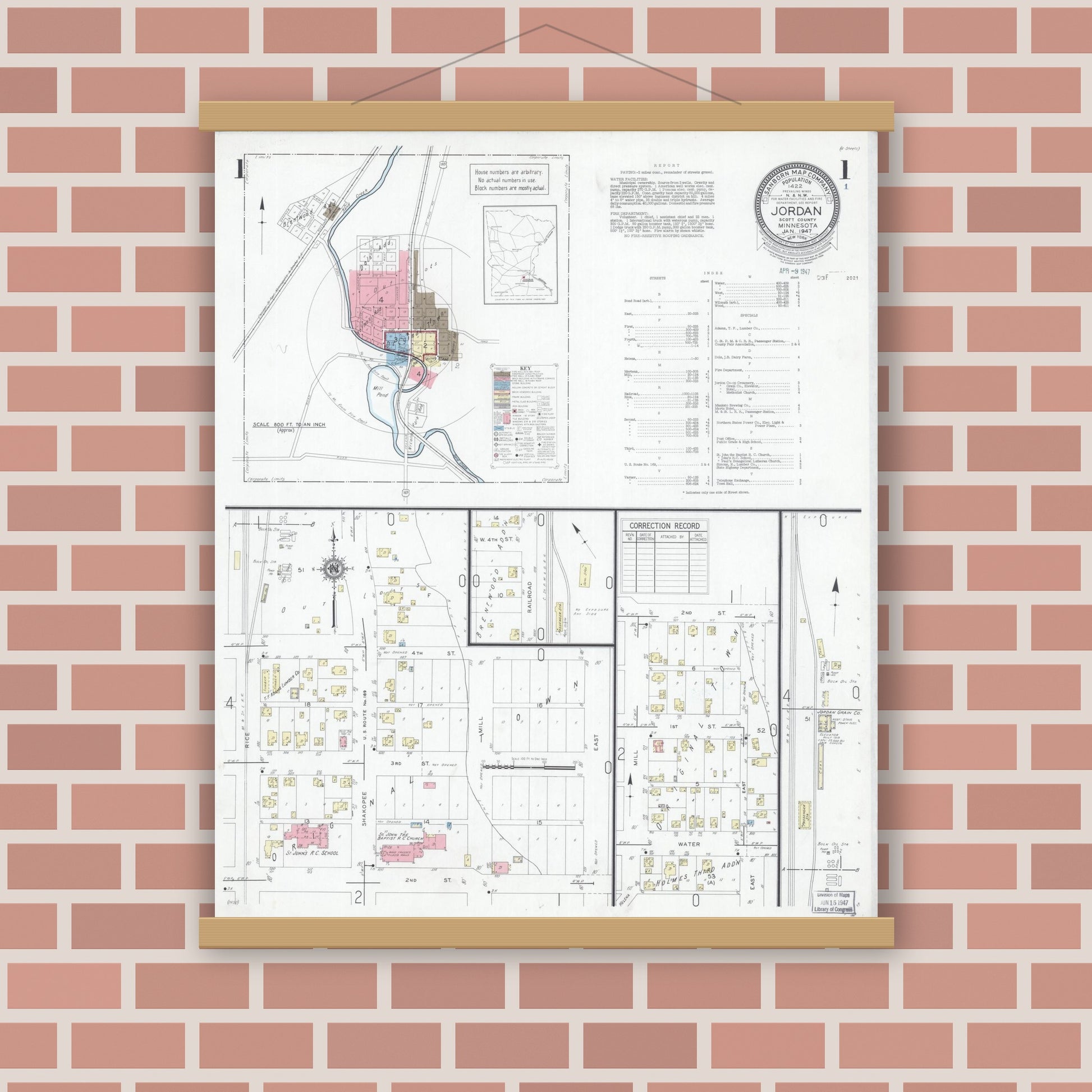 Old map wall art mockup — magnetic wood frame on brick wall — Sanborn Fire Insurance Map from Jordan, Scott County, Minnesota (1947) - Complete Map Set