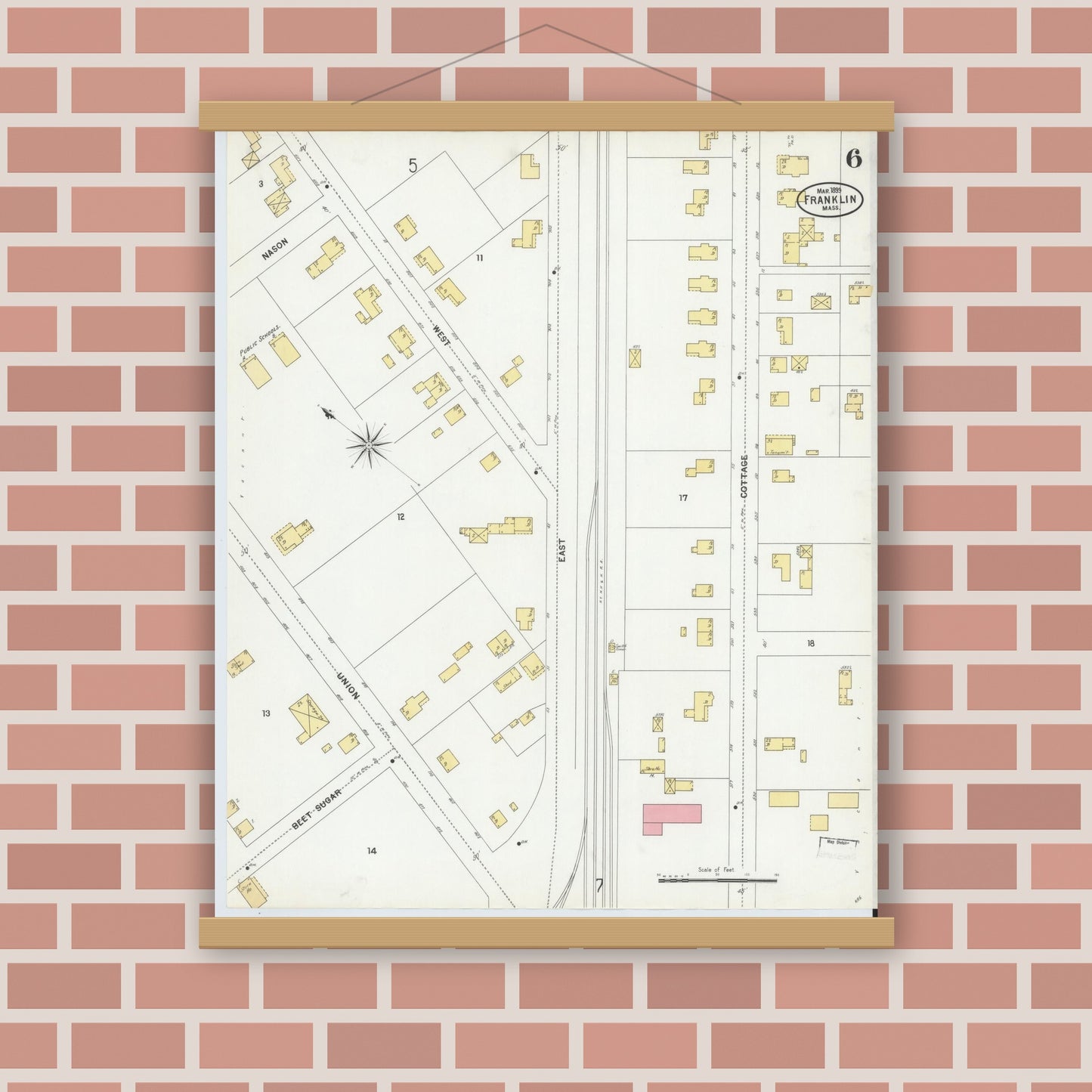 Old map wall art mockup — magnetic wood frame on brick wall — Sanborn Fire Insurance Map from Franklin, Norfolk County, Massachusetts (1899), Sheet #0006