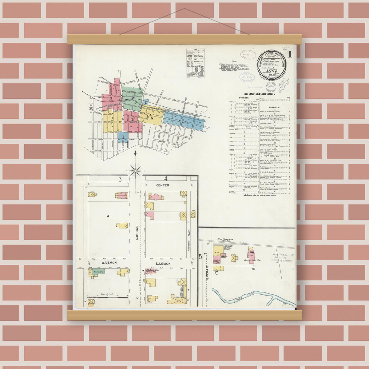 Old map wall art mockup — magnetic wood frame on brick wall — Sanborn Fire Insurance Map from Lititz, Lancaster County, Pennsylvania (1898), Sheet #0001