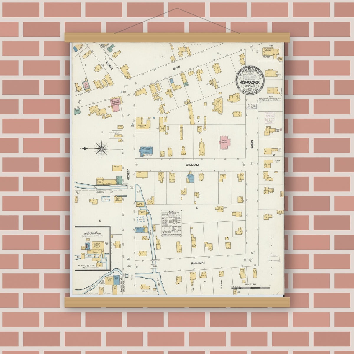 Old map wall art mockup — magnetic wood frame on brick wall — Sanborn Fire Insurance Map from Mumford, Monroe County, New York (1903), Sheet #0001