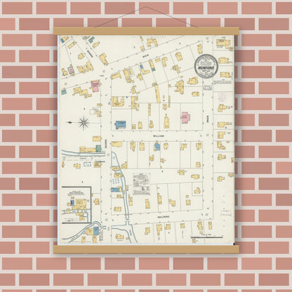 Old map wall art mockup — magnetic wood frame on brick wall — Sanborn Fire Insurance Map from Mumford, Monroe County, New York (1903), Sheet #0001