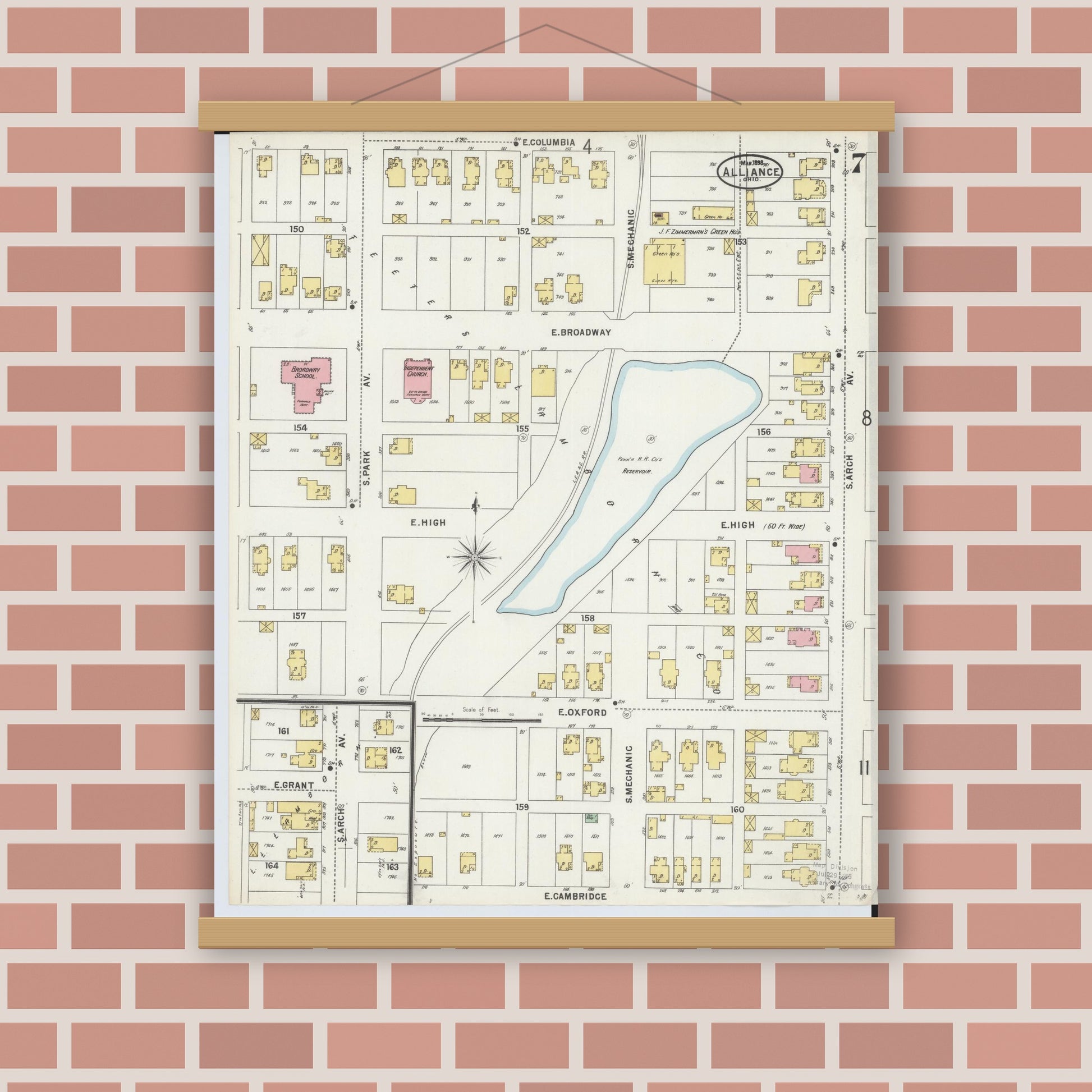 Old map wall art mockup — magnetic wood frame on brick wall — Sanborn Fire Insurance Map from Alliance, Stark County, Ohio (1898), Sheet #0007