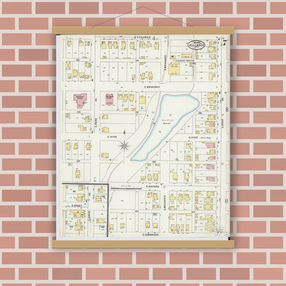 Old map wall art mockup — magnetic wood frame on brick wall — Sanborn Fire Insurance Map from Alliance, Stark County, Ohio (1898), Sheet #0007