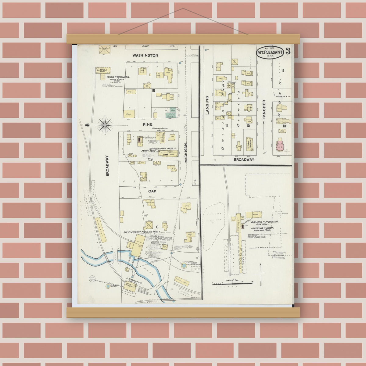 Old map wall art mockup — magnetic wood frame on brick wall — Sanborn Fire Insurance Map from Mount Pleasant, Isabella County, Michigan (1890), Sheet #0003