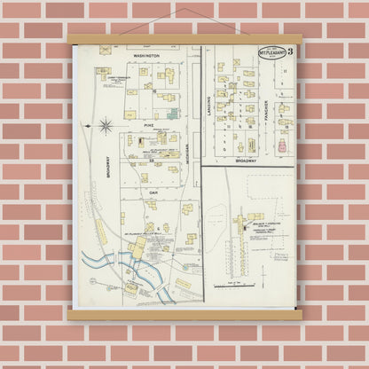 Old map wall art mockup — magnetic wood frame on brick wall — Sanborn Fire Insurance Map from Mount Pleasant, Isabella County, Michigan (1890), Sheet #0003