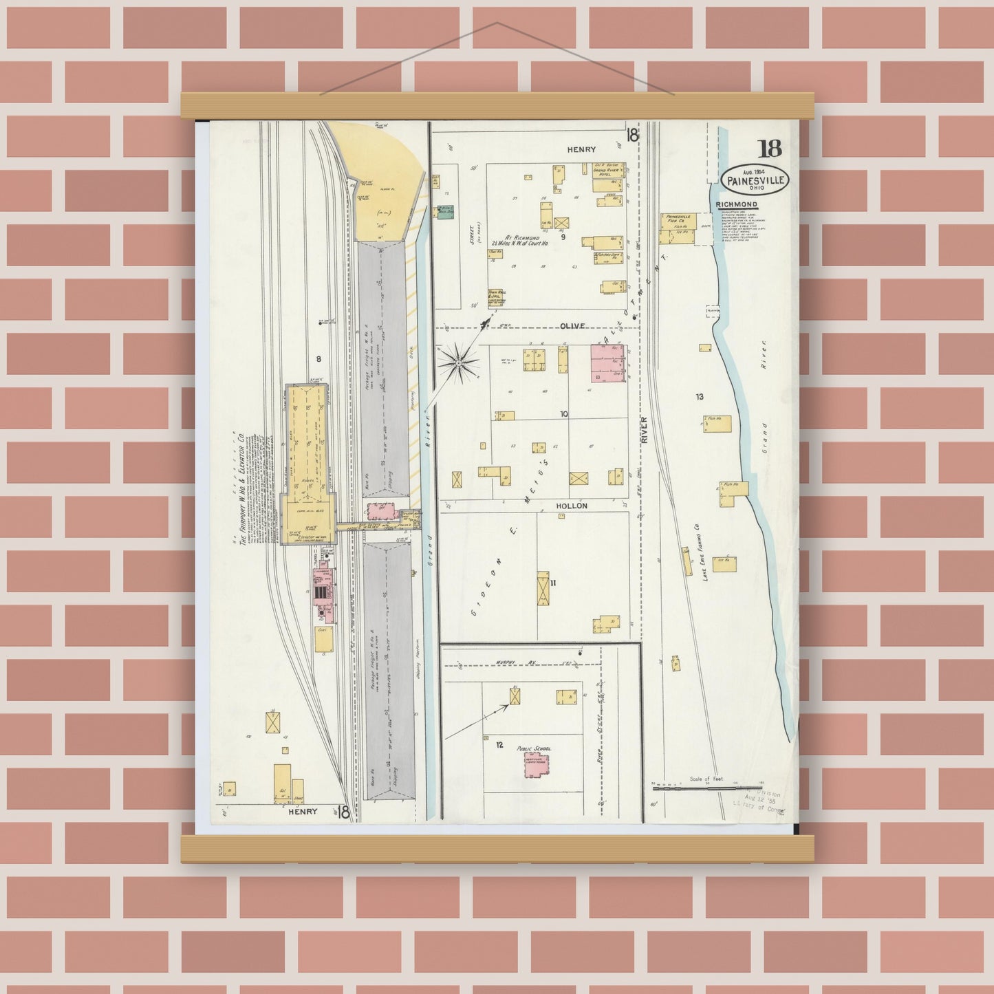 Old map wall art mockup — magnetic wood frame on brick wall — Sanborn Fire Insurance Map from Painesville, Lake County, Ohio (1904), Sheet #0018