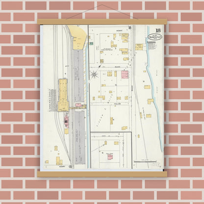 Old map wall art mockup — magnetic wood frame on brick wall — Sanborn Fire Insurance Map from Painesville, Lake County, Ohio (1904), Sheet #0018