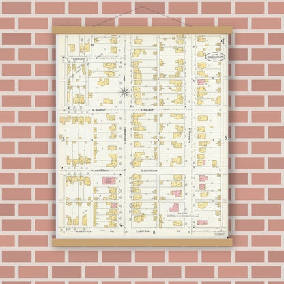Old map wall art mockup — magnetic wood frame on brick wall — Sanborn Fire Insurance Map from Greensburg, Decatur County, Indiana (1906), Sheet #0004