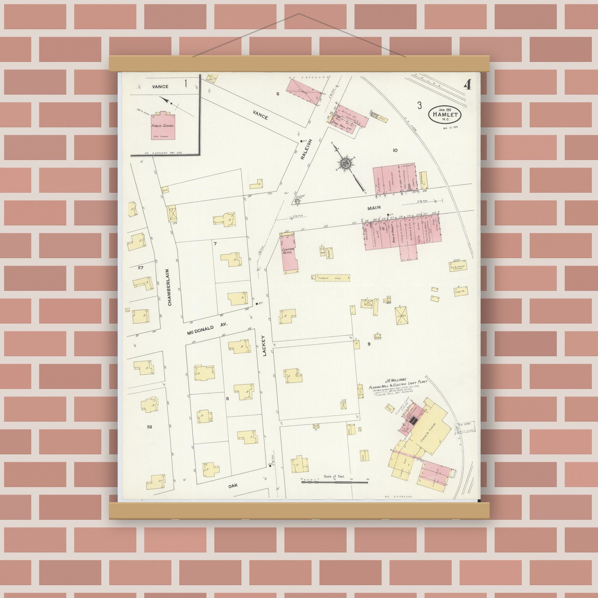 Old map wall art mockup — magnetic wood frame on brick wall — Sanborn Fire Insurance Map from Hamlet, Richmond County, North Carolina (1911), Sheet #0004