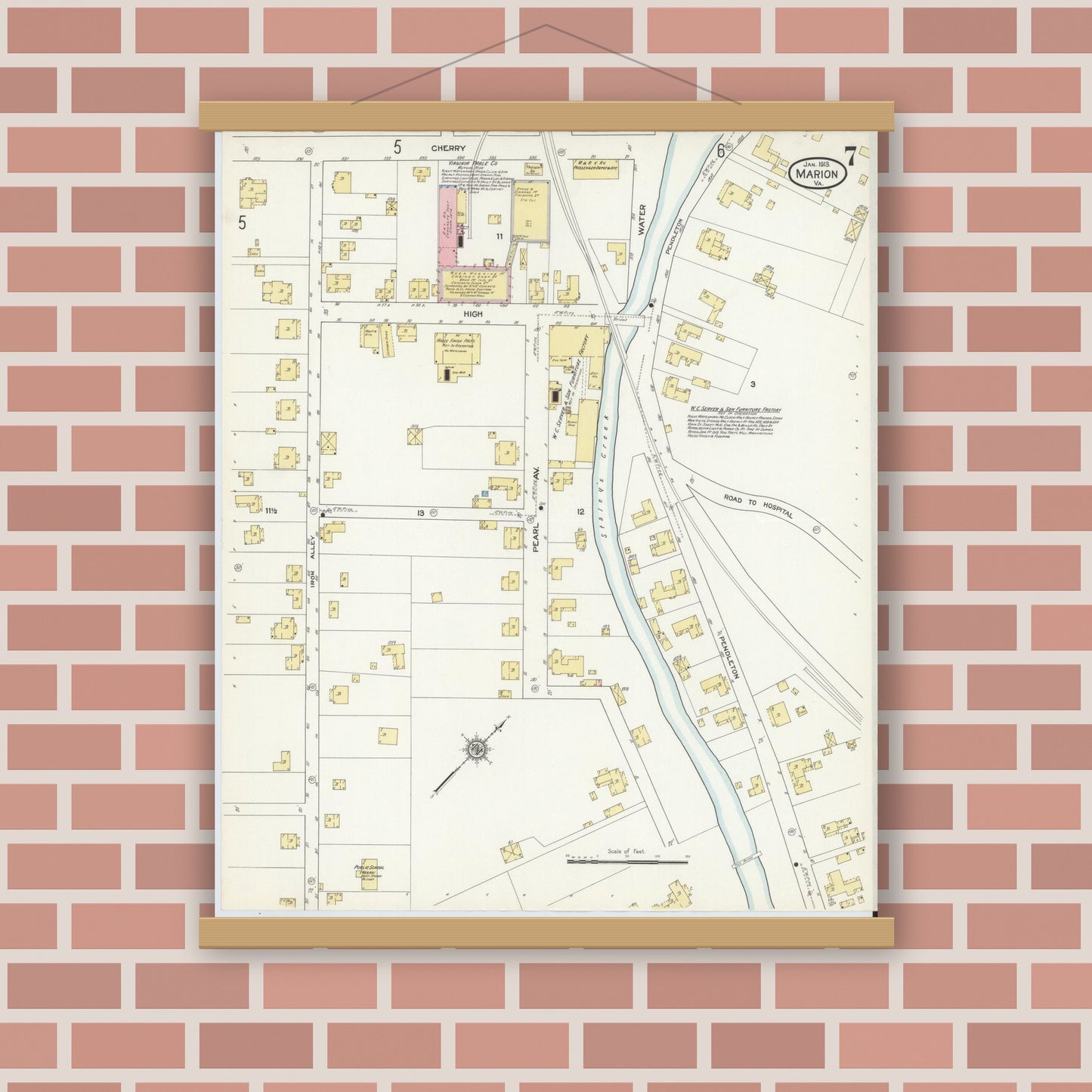 Old map wall art mockup — magnetic wood frame on brick wall — Sanborn Fire Insurance Map from Marion, Smyth County, Virginia (1913), Sheet #0007