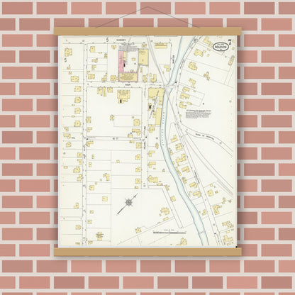 Old map wall art mockup — magnetic wood frame on brick wall — Sanborn Fire Insurance Map from Marion, Smyth County, Virginia (1913), Sheet #0007