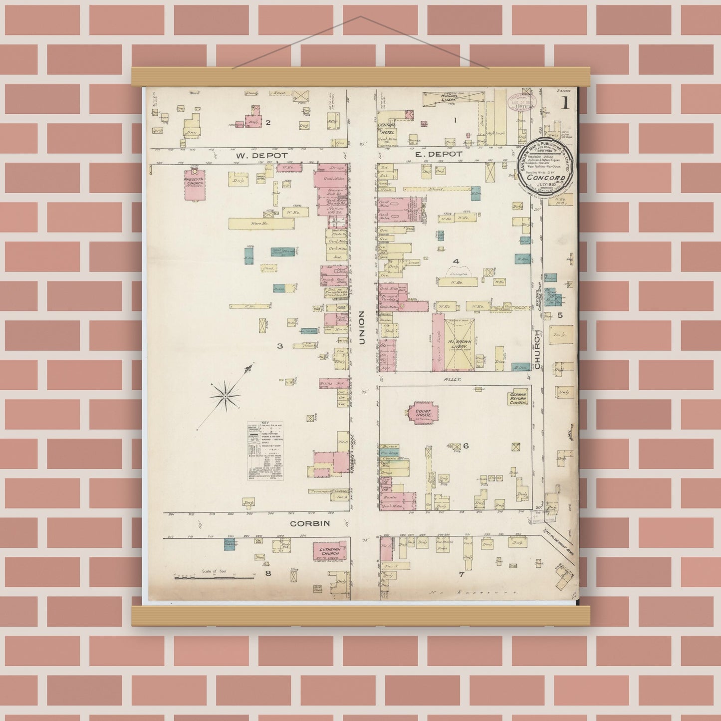 Old map wall art mockup — magnetic wood frame on brick wall — Sanborn Fire Insurance Map from Concord, Cabarrus County, North Carolina (1885), Sheet #0001