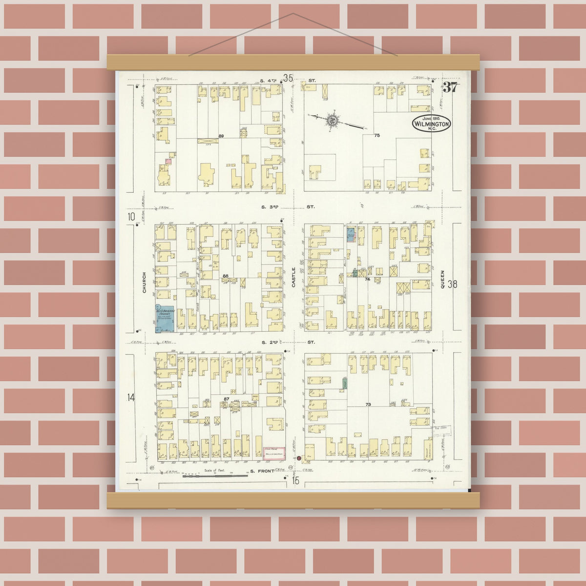 Old map wall art mockup — magnetic wood frame on brick wall — Sanborn Fire Insurance Map from Wilmington, New Hanover County, North Carolina (1910), Sheet #0037