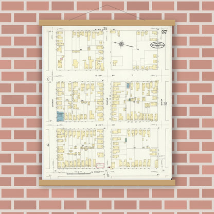 Old map wall art mockup — magnetic wood frame on brick wall — Sanborn Fire Insurance Map from Wilmington, New Hanover County, North Carolina (1910), Sheet #0037