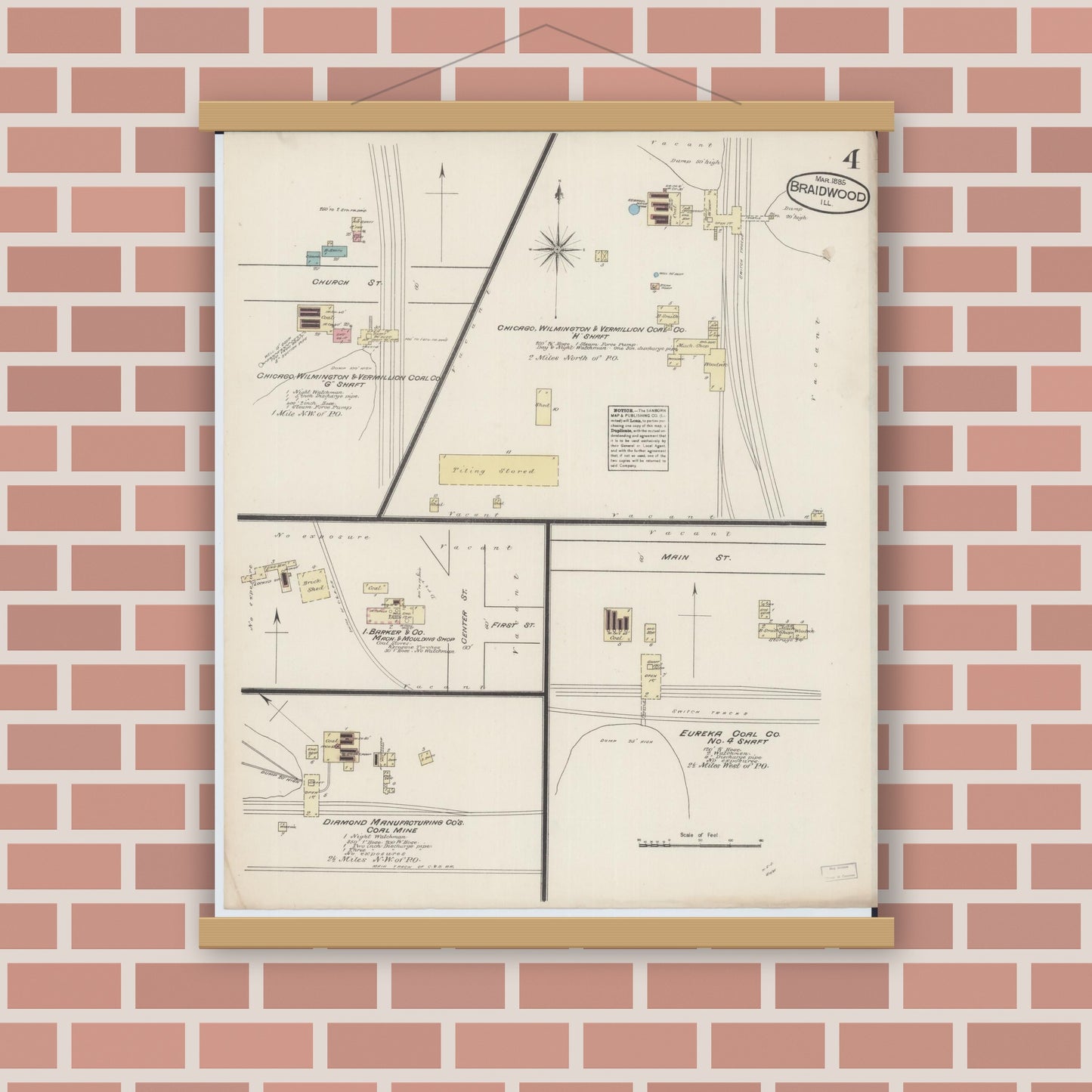 Old map wall art mockup — magnetic wood frame on brick wall — Sanborn Fire Insurance Map from Braidwood, Will County, Illinois (1885), Sheet #0004