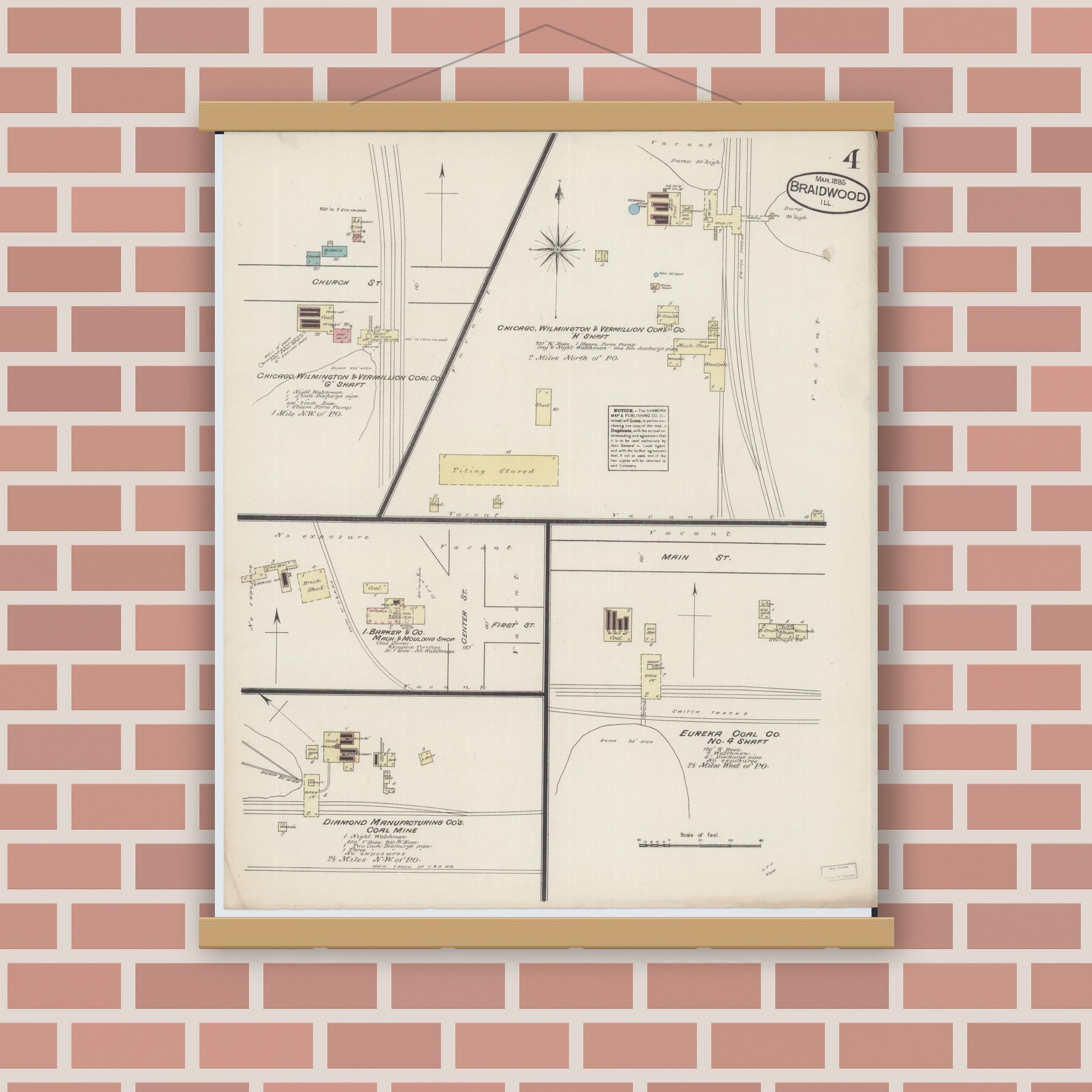 Old map wall art mockup — magnetic wood frame on brick wall — Sanborn Fire Insurance Map from Braidwood, Will County, Illinois (1885), Sheet #0004