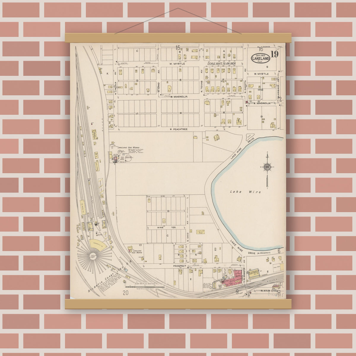 Old map wall art mockup — magnetic wood frame on brick wall — Sanborn Fire Insurance Map from Lakeland, Polk County, Florida (1922), Sheet #0019