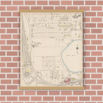 Old map wall art mockup — magnetic wood frame on brick wall — Sanborn Fire Insurance Map from Lakeland, Polk County, Florida (1922), Sheet #0019