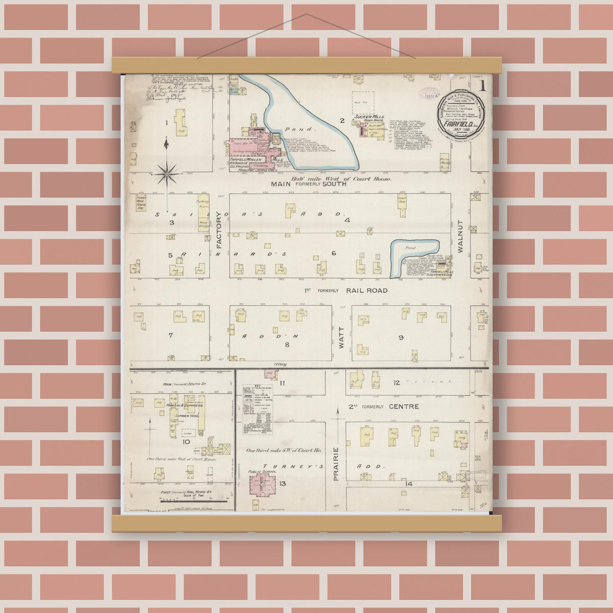 Old map wall art mockup — magnetic wood frame on brick wall — Sanborn Fire Insurance Map from Fairfield, Wayne County, Illinois (1886), Sheet #0001