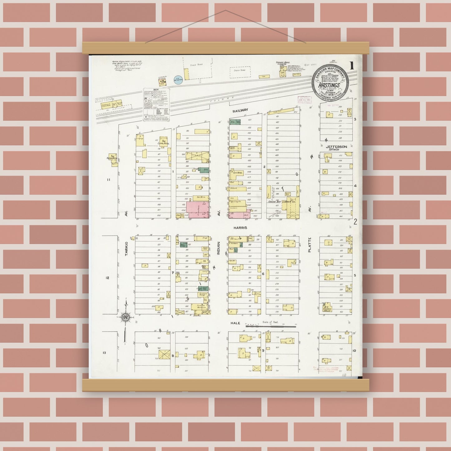 Old map wall art mockup — magnetic wood frame on brick wall — Sanborn Fire Insurance Map from Hastings, Mills County, Iowa (1909) â€” Complete Set