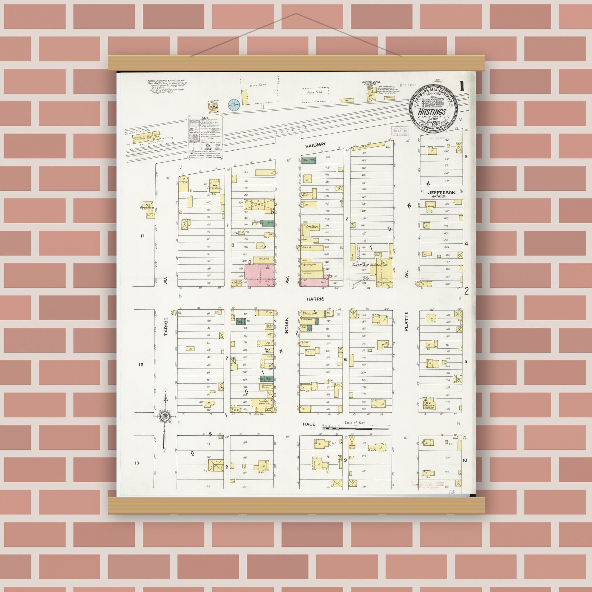 Old map wall art mockup — magnetic wood frame on brick wall — Sanborn Fire Insurance Map from Hastings, Mills County, Iowa (1909) â€” Complete Set