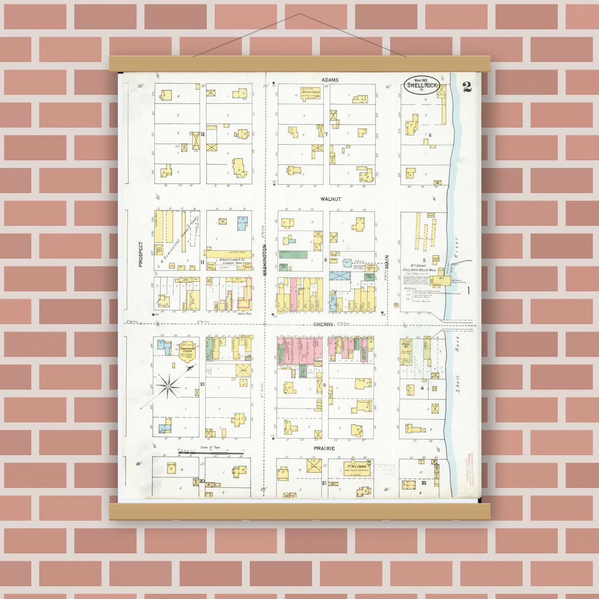 Old map wall art mockup — magnetic wood frame on brick wall — Sanborn Fire Insurance Map from Shell Rock, Butler County, Iowa (1902), Sheet #0002