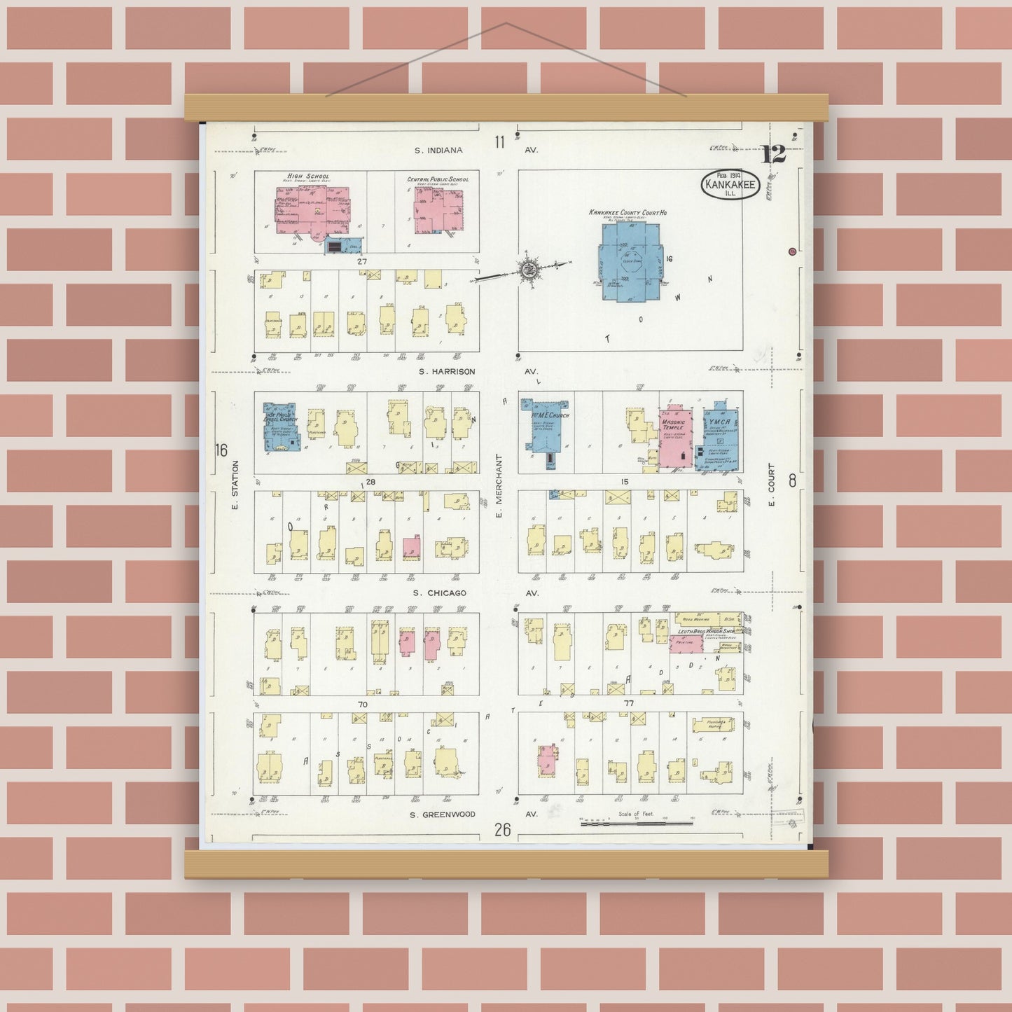 Old map wall art mockup — magnetic wood frame on brick wall — Sanborn Fire Insurance Map from Kankakee, Kankakee County, Illinois (1914), Sheet #0012
